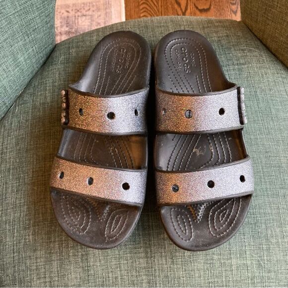 CROCS Classic Glitter 2 Strap Slide Sandal Womens Sz 10 Slip On Black / Silver! - Picture 8 of 12